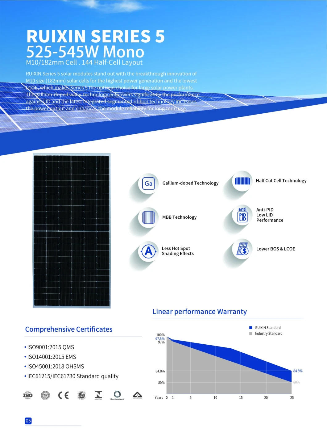 540 Watt Rxsolar New Technology High Efficiency Half Cut PV Mono Panel with Solar Cells 182